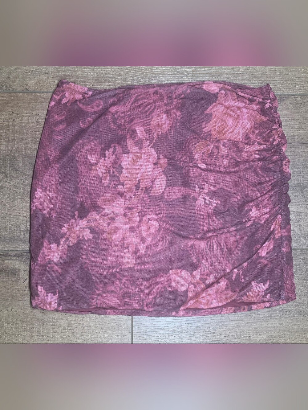 Princess Polly Burgundy Floral Mesh Ruched Mini Skirt Size 0, Y2K